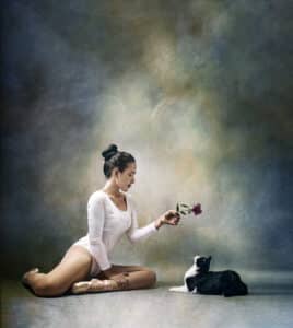 Painting style photography of ballerina with cat